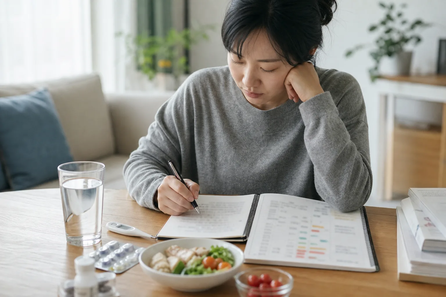 면역저하 환자가 수면과 식사, 감염 회복 기록을 정리하는 일상 장면
