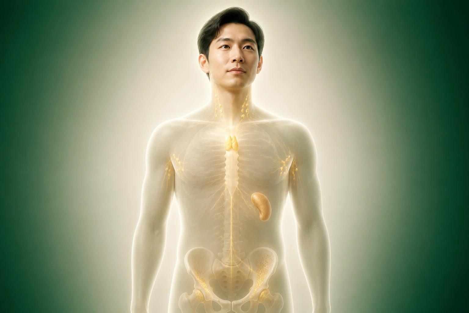 반투명 인체에서 골수·흉선·비장·림프절의 면역 방어 관계를 상처 없이 부드럽게 보여 주는 이미지