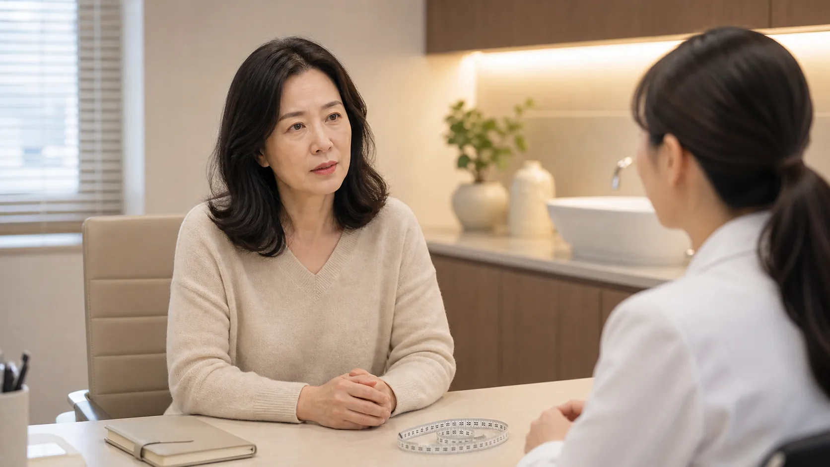 착상장애 진료 흐름에서 치료계획표와 온열 치료 장비를 준비한 국내 한의원 치료실 장면