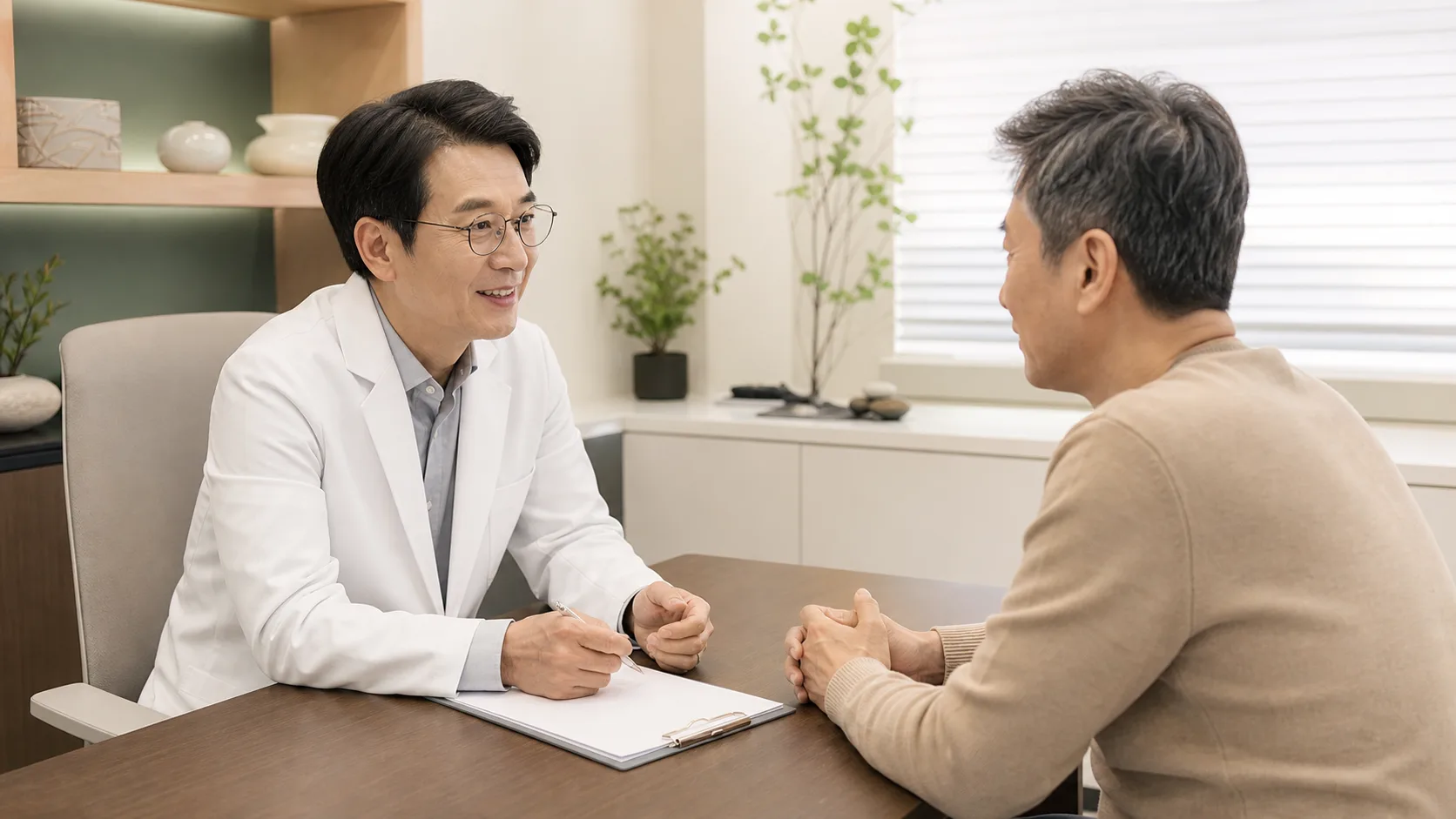 인슐린저항성 상담에서 식후 피로와 혈당 기록을 확인하는 국내 한의원 초진 장면