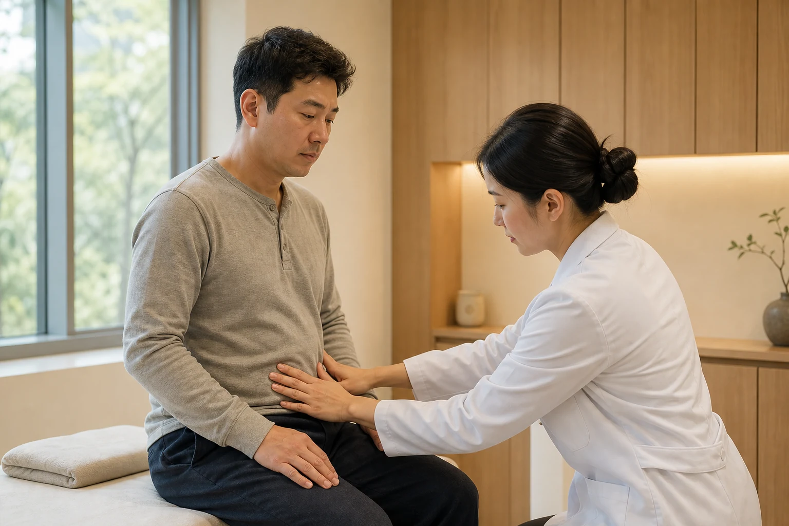 진찰대에 앉은 남성의 옷 위 복부에 흰 가운을 입은 여성이 두 손을 대는 모습