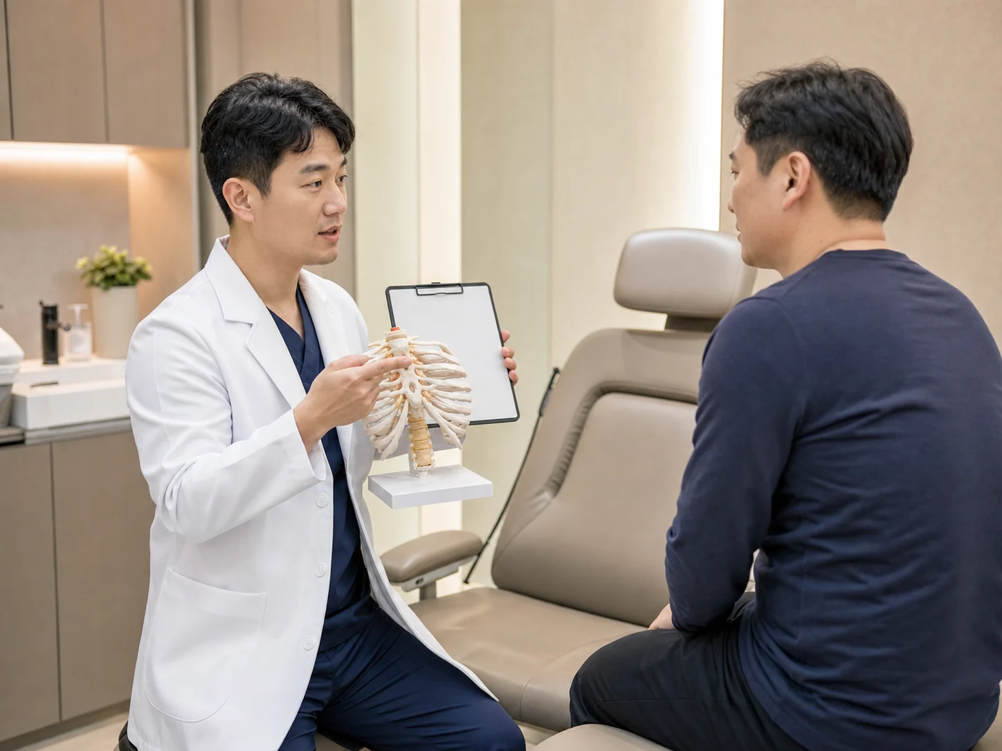 늑간신경통 진료 체크포인트에서 국내 한의원 의료진이 갈비뼈 모형으로 통증 위치와 호흡 반응을 설명하는 장면
