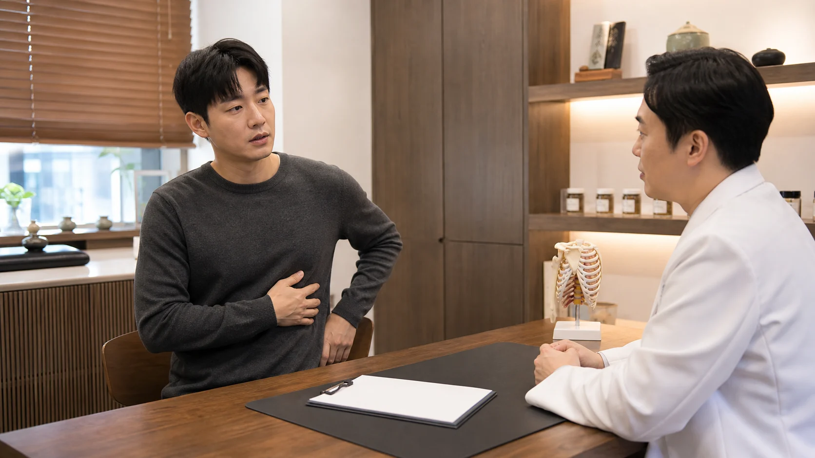 늑간신경통 환자가 국내 한의원 진료실에서 갈비뼈 사이와 옆구리 통증을 한국인 의료진에게 설명하는 장면