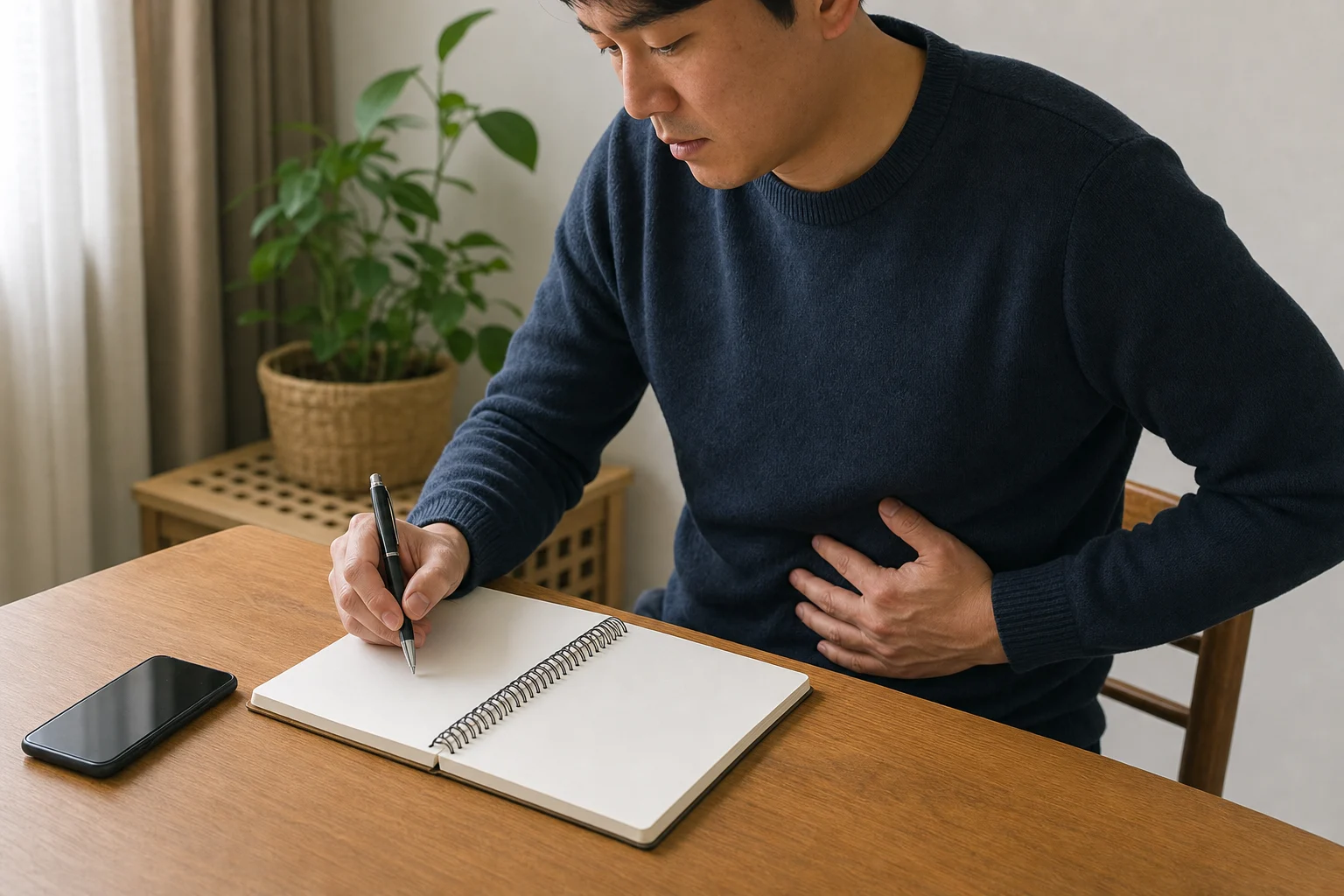 늑간신경통 환자가 숨쉴 때 통증과 몸통 회전 뒤 악화를 생활 기록으로 정리하는 장면