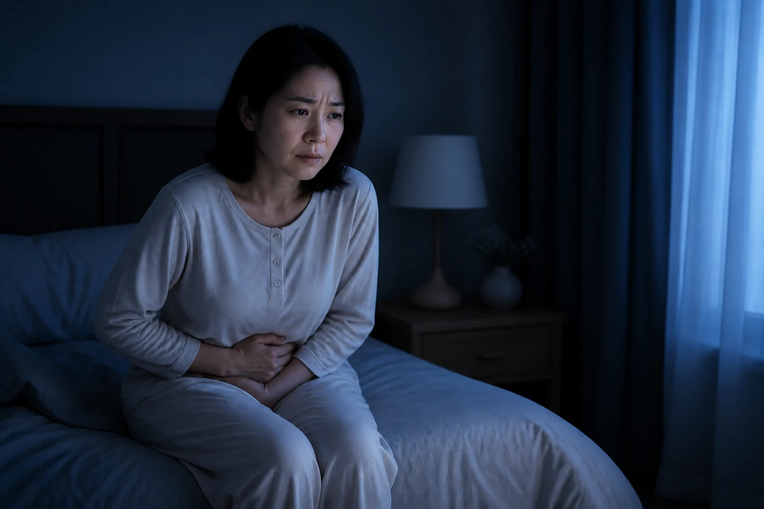 방광 통증과 반복되는 야간뇨로 잠에서 깨어 침대 가장자리에 앉은 간질성방광염 환자의 일상
