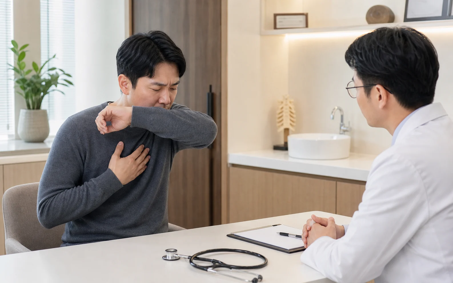 간질성 폐질환 환자가 진료실에서 마른기침과 숨참을 상담하는 사진형 장면