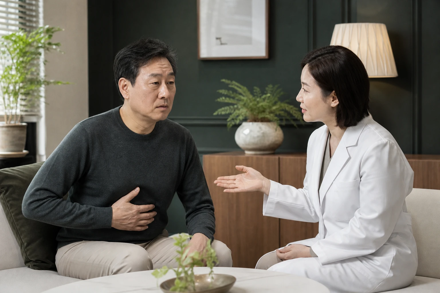 장상피화생으로 겪는 불편을 상담하는 환자와 의료진