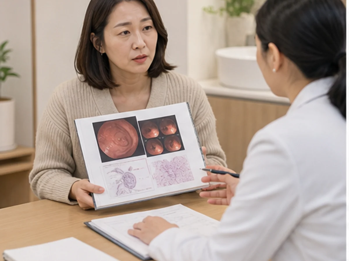 장상피화생 환자가 내시경과 조직검사 자료를 들고 초진 상담을 시작하는 장면