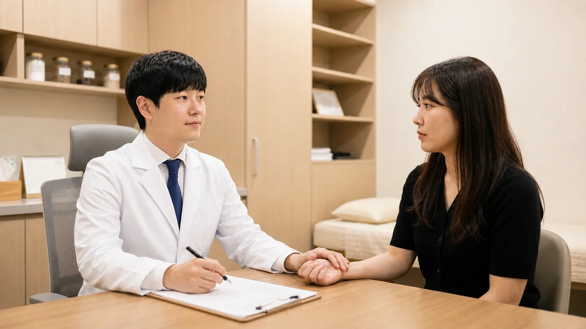 의료진이 여성 환자의 손목을 짚으며 대화하는 모습