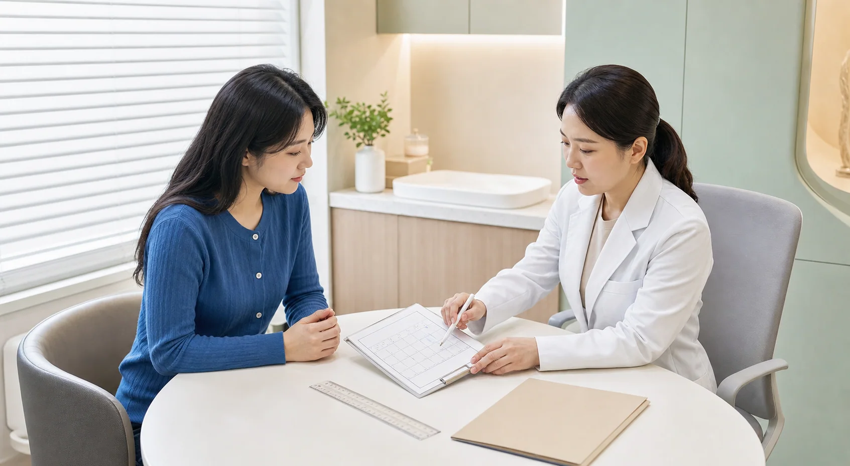 부정출혈 상담에서 생리 주기표와 출혈 날짜 기록을 함께 확인하는 장면