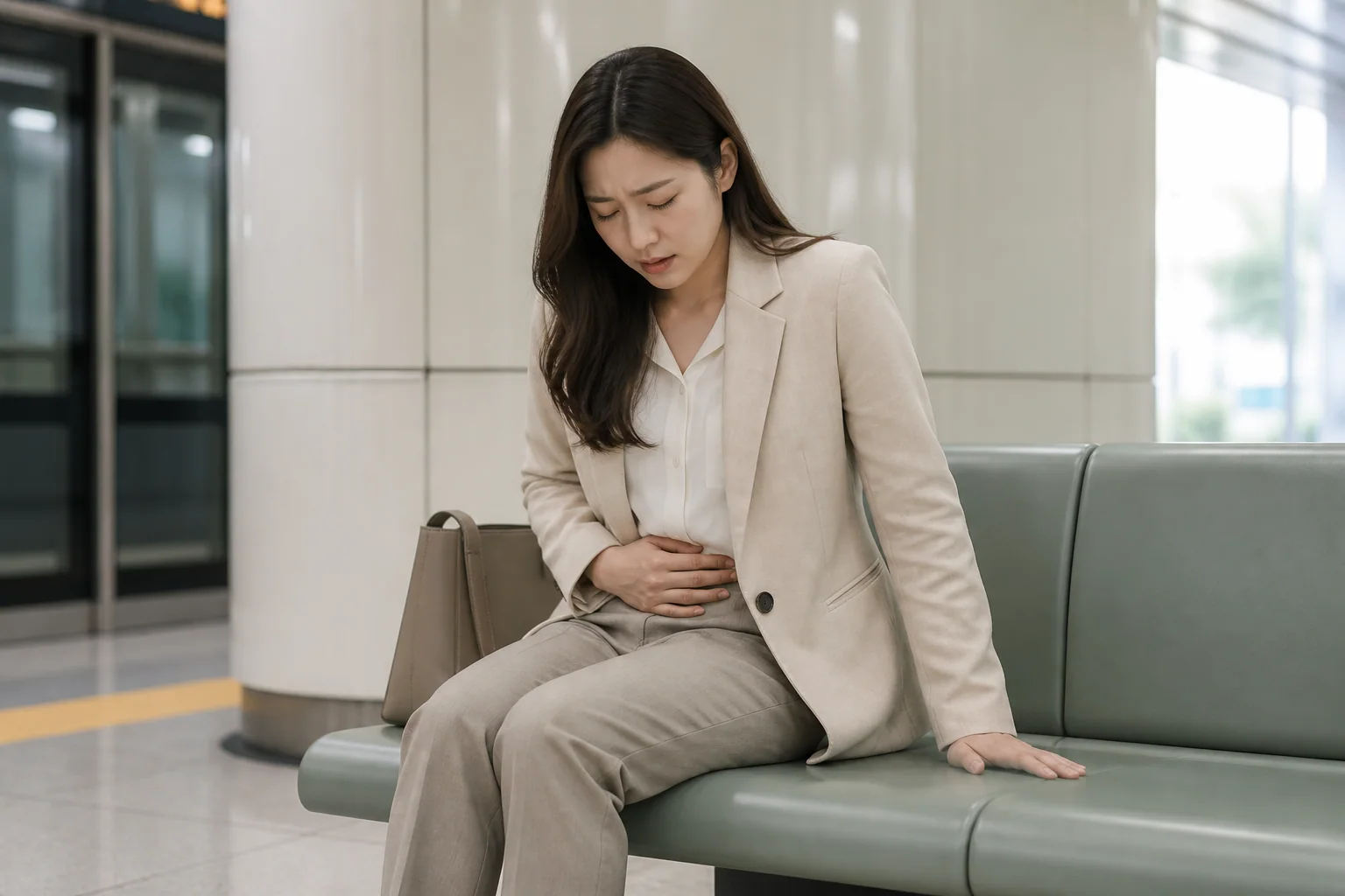 생리불순으로 갑작스러운 골반 통증과 어지럼·피로가 겹친 한국인 여성 한 명이 출근길 지하철역 벤치에 앉아 쉬는 생활 장면