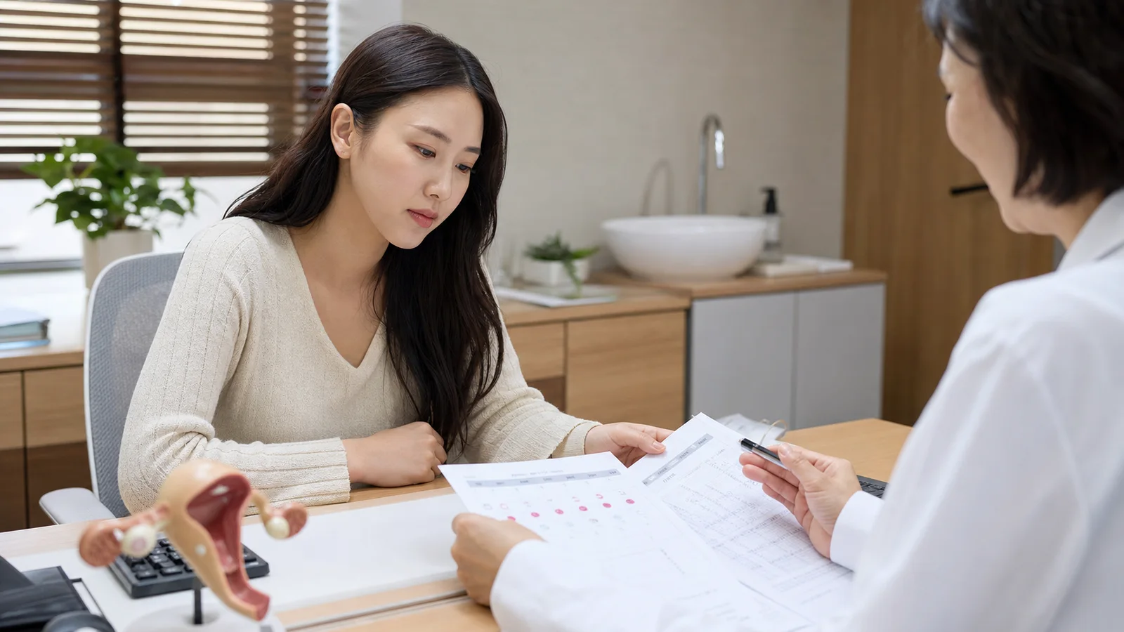 시험관 시술 준비 상담에서 일정표와 시술 기록을 함께 확인하는 진료실 장면
