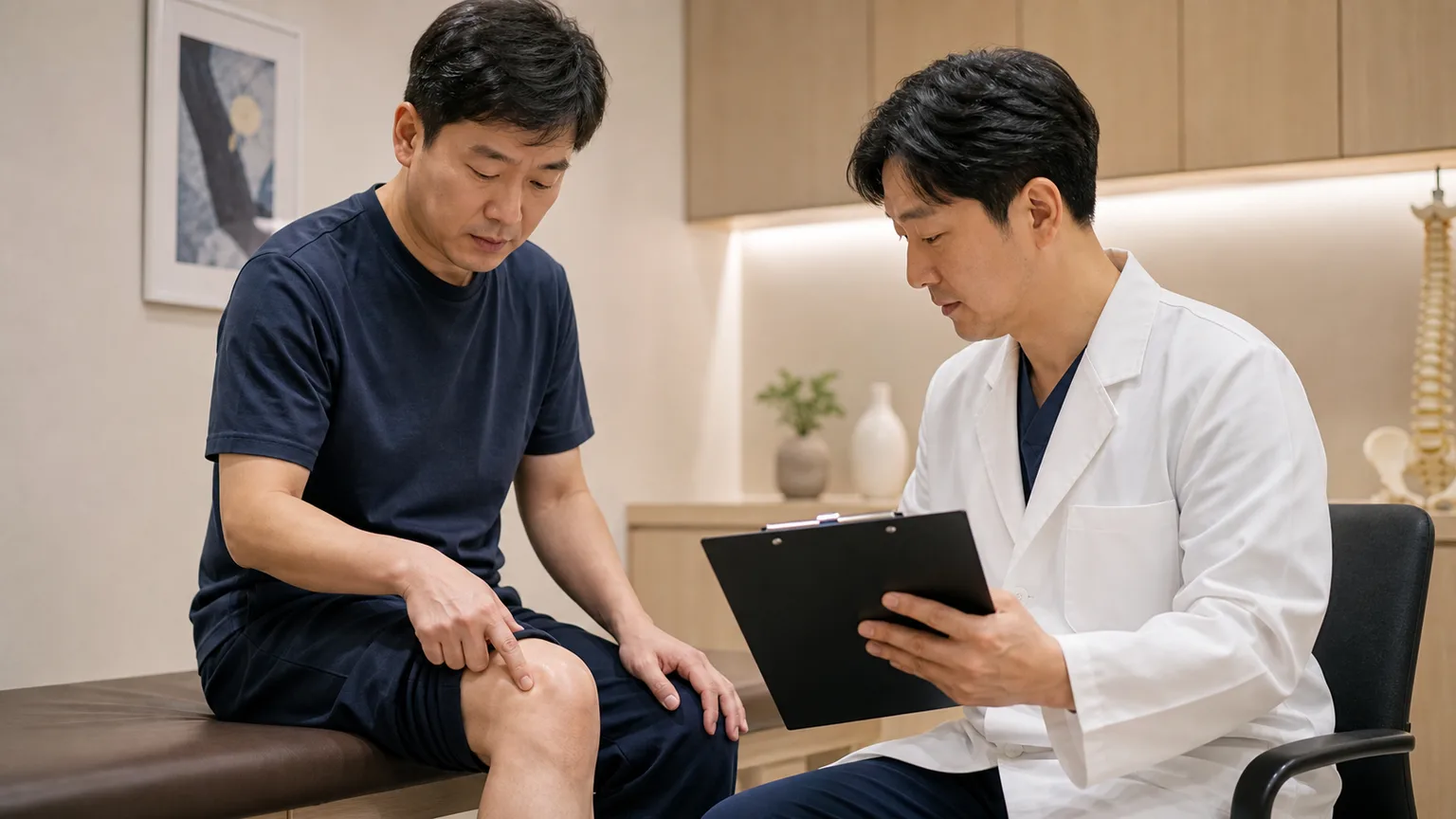 한국인 무릎점액낭염 환자가 국내 한의원 상담 공간에서 무릎 앞 붓기와 압통 위치를 의료진에게 설명하는 장면