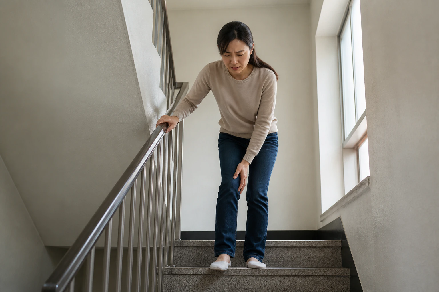 무릎이 흔들리고 아파 계단을 내려가기 전 난간 앞에서 걸음을 멈춘 한국인 여성 한 명의 생활 장면