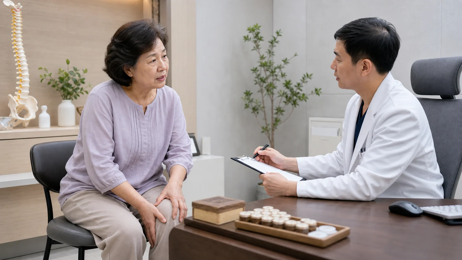 퇴행성무릎관절염 환자가 국내 한의원 진료실에서 무릎 통증과 계단 불편을 상담하는 장면