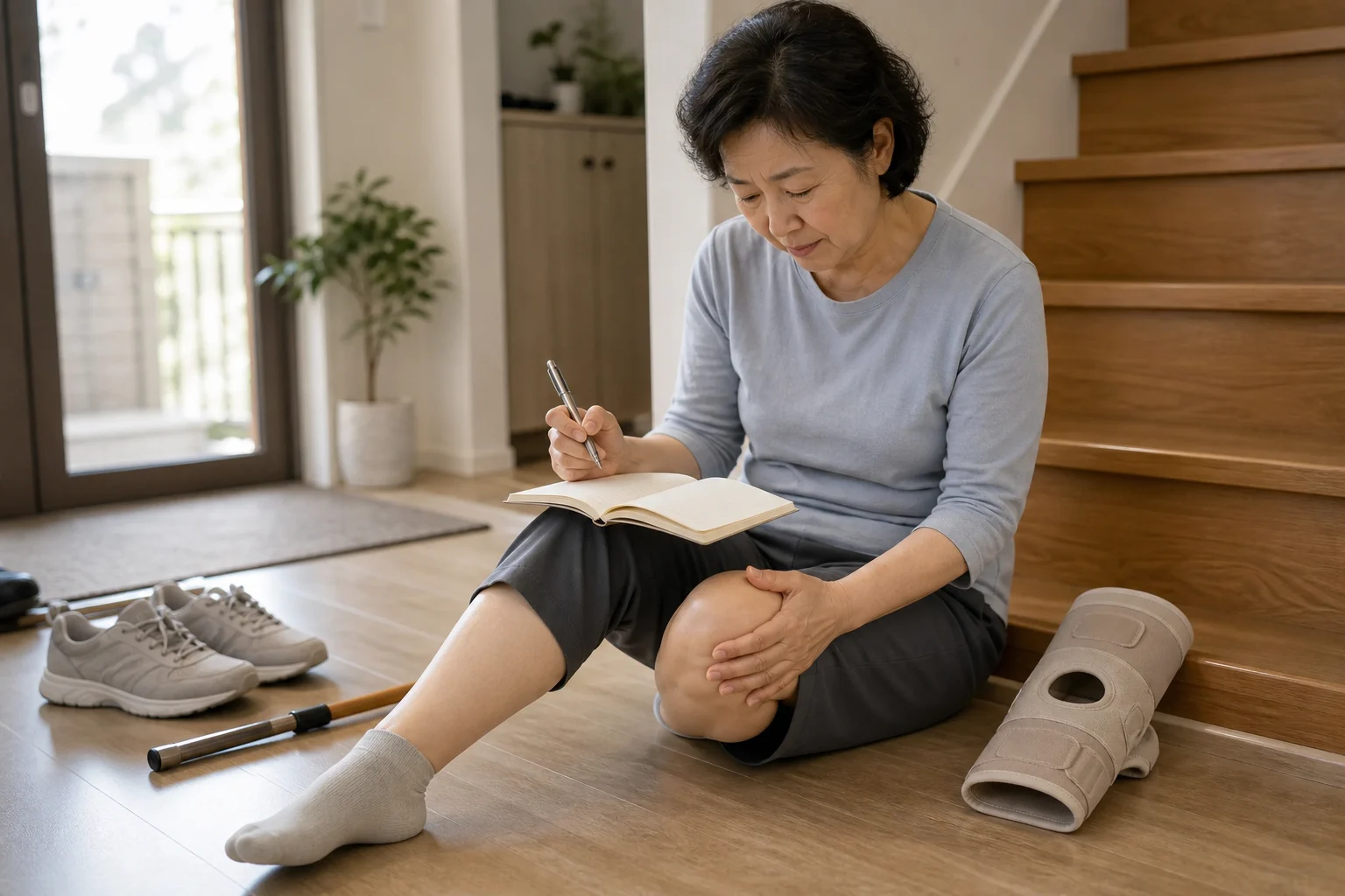 퇴행성무릎관절염 환자가 집 계단 옆에서 무릎 통증과 보행 거리를 생활 기록으로 정리하는 장면