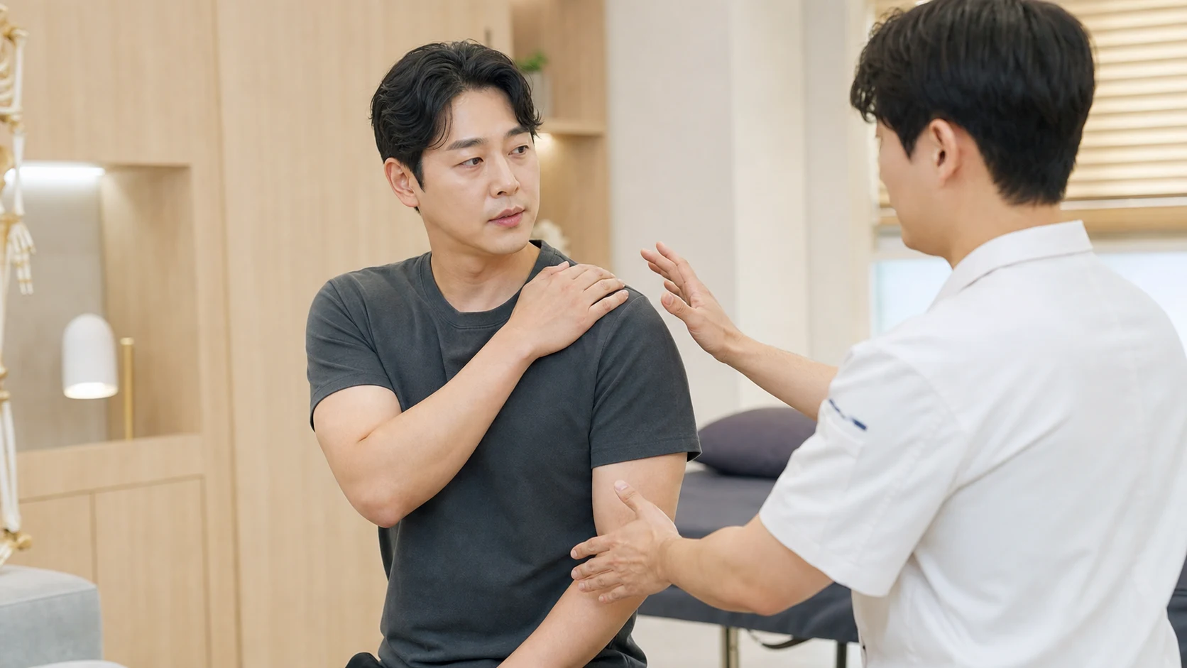 한국인 관절와순손상 환자가 국내 한의원 진료실에서 어깨 통증 위치와 불안정감을 의료진에게 설명하는 장면
