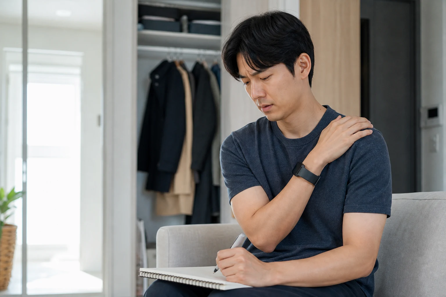 한국인 관절와순손상 환자가 집에서 어깨 통증과 팔 올림 불편을 기록하는 장면