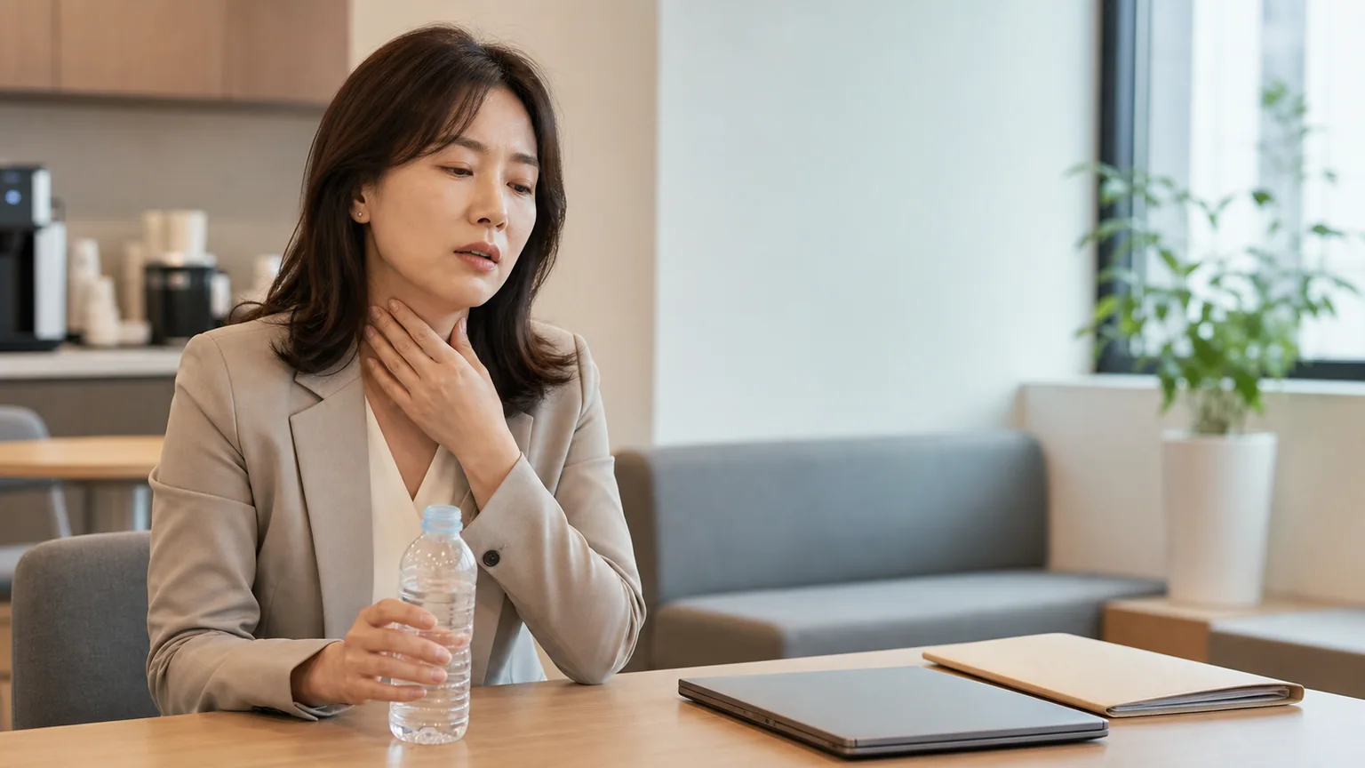 후두염 환자가 말을 많이 쓴 뒤 쉰 목소리와 목 불편을 느끼며 상담 전 상태를 정리하는 장면