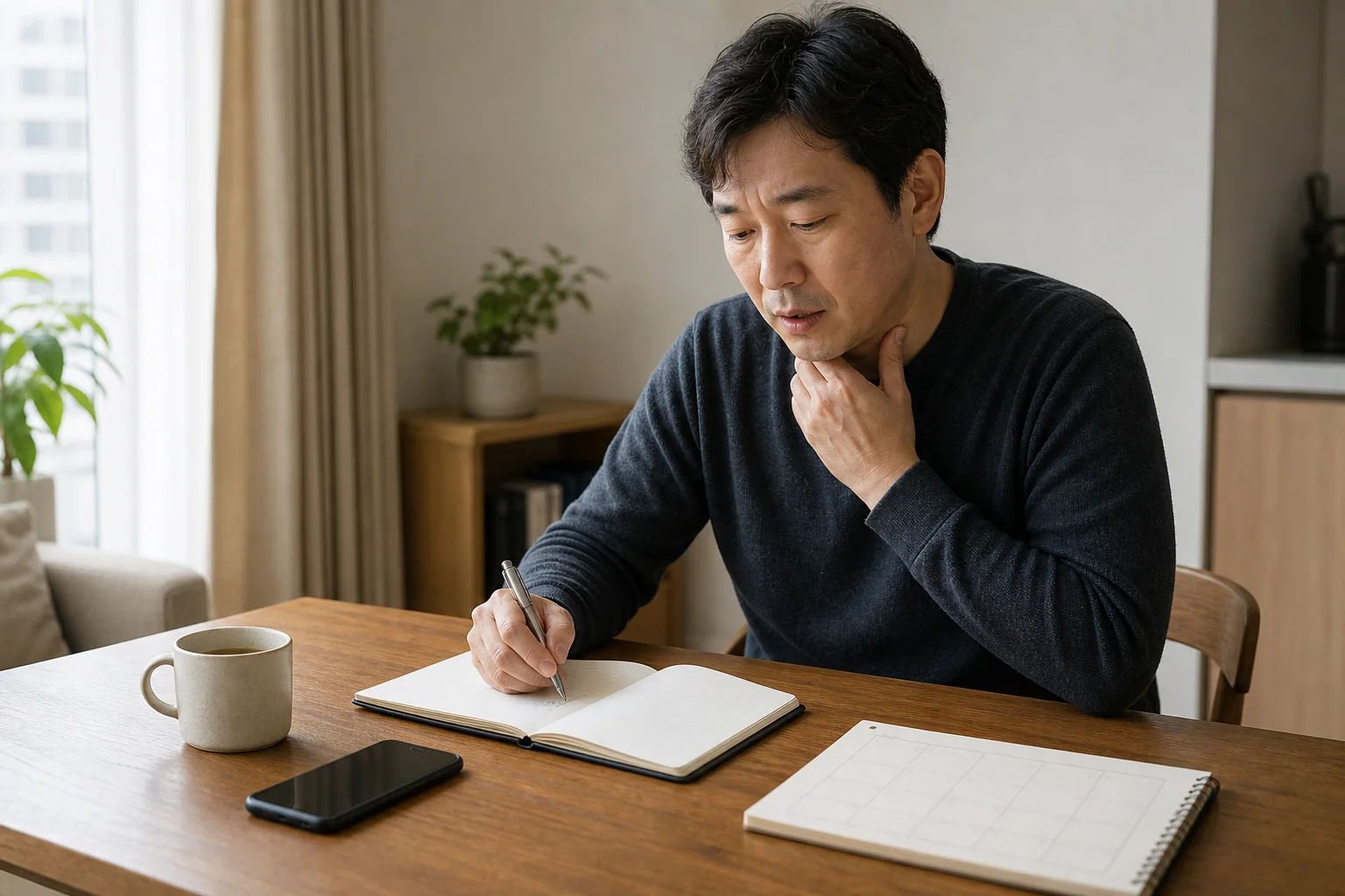 후두염 환자가 집에서 쉰 목소리와 기침, 말한 시간을 노트에 기록하는 장면