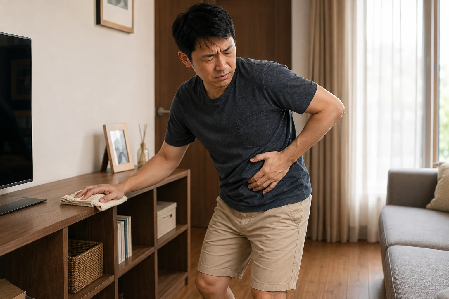 집에서 낮은 선반을 닦다 몸통 회전을 멈추고 한쪽 갈비뼈 아래 옆배를 짚으며 불편해하는 한국인 성인