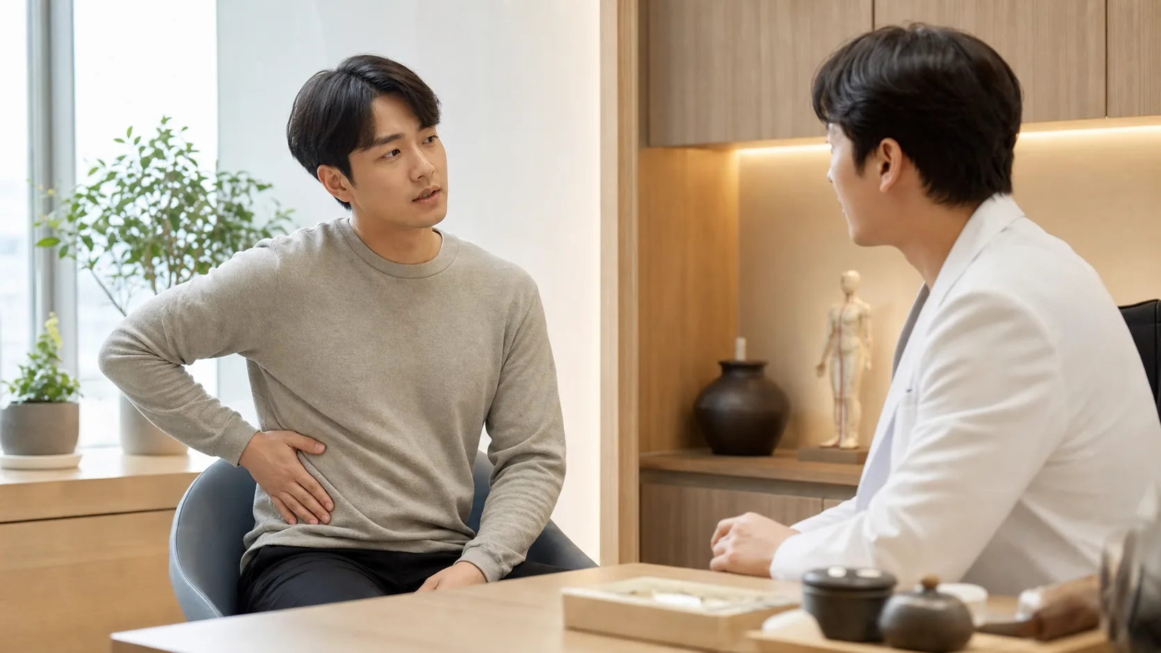 한국인 측복부 근막통증 환자가 국내 한의원 상담실에서 옆구리 통증 부위를 의료진에게 설명하는 장면