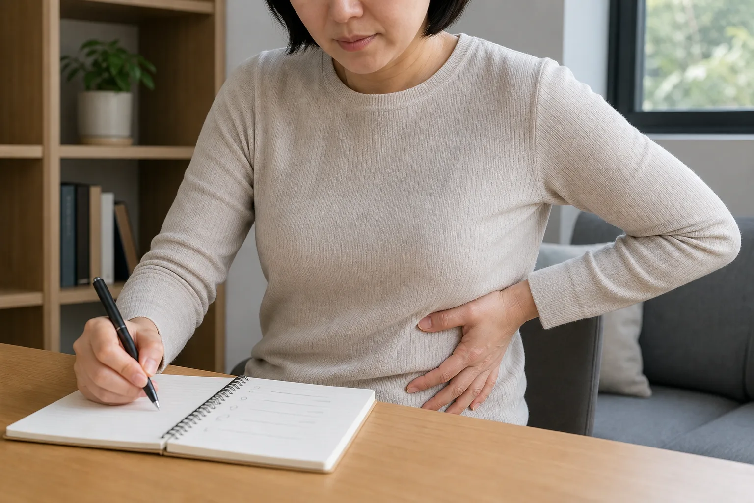 한국인 측복부 근막통증 환자가 옆구리 통증을 느끼며 증상 기록 노트를 작성하는 생활 장면
