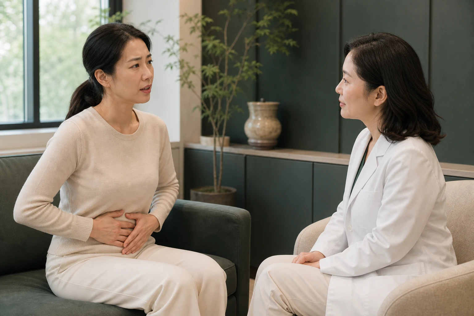 장누수증후군으로 겪는 불편을 상담하는 환자와 의료진