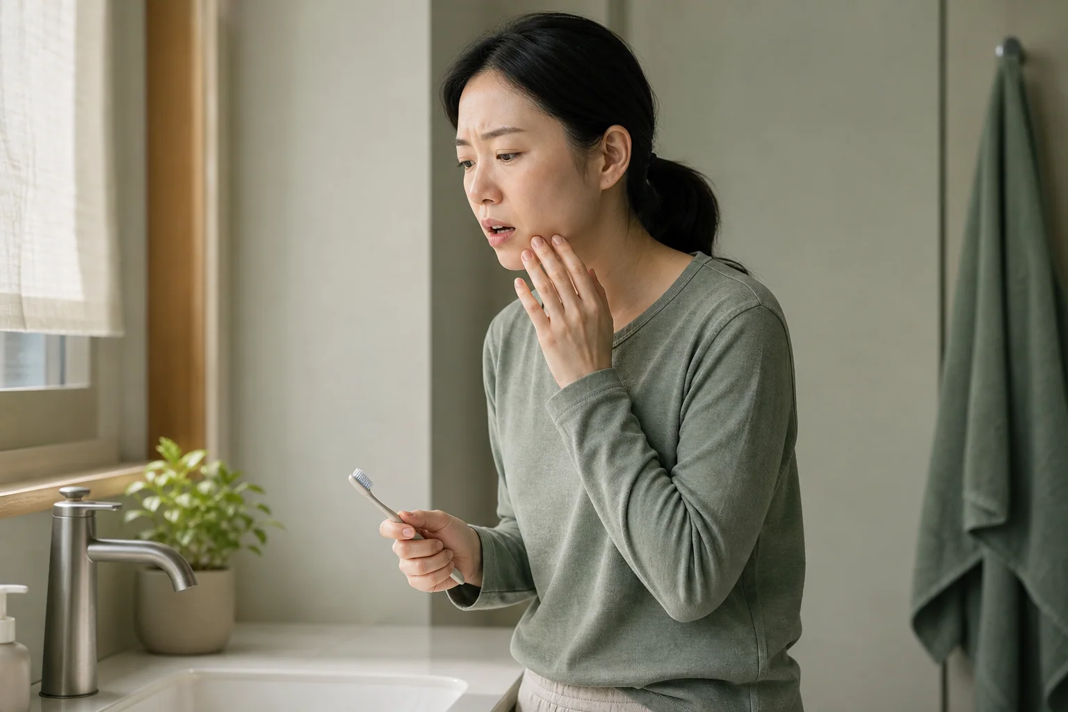 입이 충분히 벌어지지 않아 양치하기 어려운 한국인 여성 한 명이 아침 욕실에서 칫솔질을 시작하지 못한 생활 장면