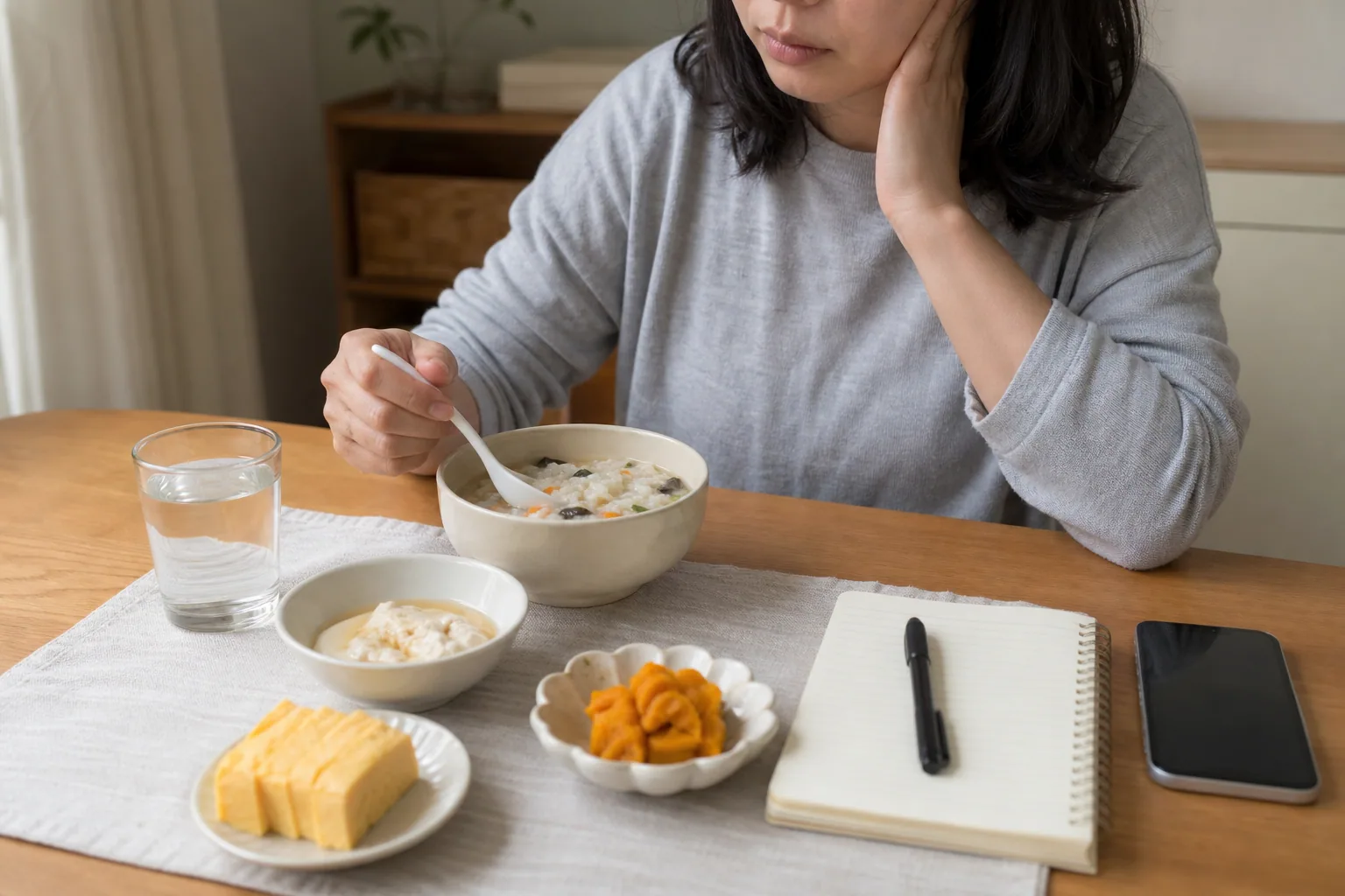 개구장애 환자가 부드러운 식사와 증상 기록을 함께 정리하는 장면