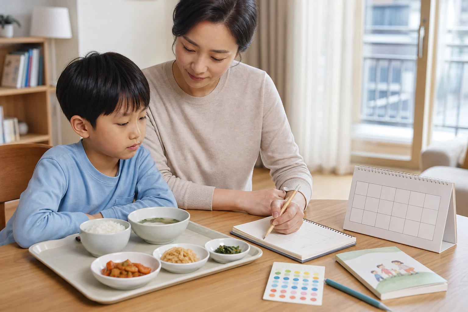 가정 식탁에서 보호자가 아이 식사량과 성장·배변 생활 기록을 정리하는 장면