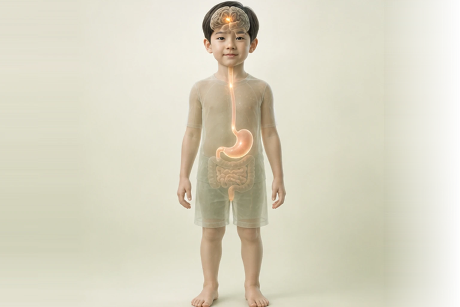 소아식욕부진과 관련된 신체 부위를 머리부터 발끝까지 온전히 보이는 아이 위에 밝고 친근하게 보여 주는 소아 서양의학 교육 이미지