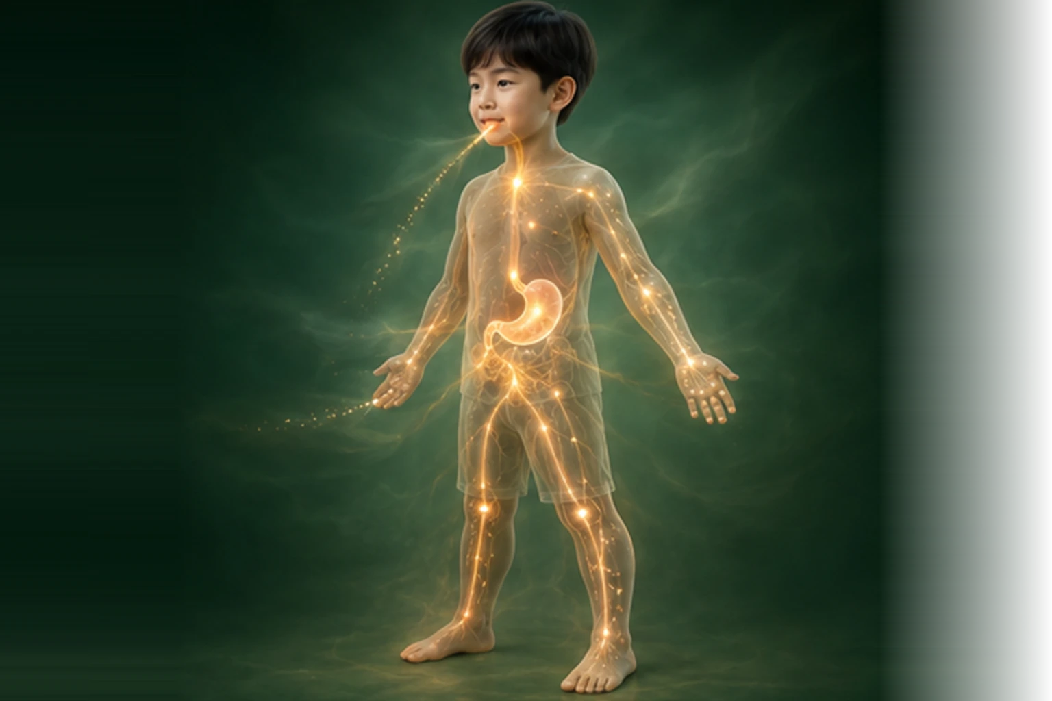 소아식욕부진 아이의 머리부터 발끝까지 온전한 인체 형태에서 물질의 흐름을 선명한 황금빛으로 보여 주는 담적병 골든셋 교육 이미지