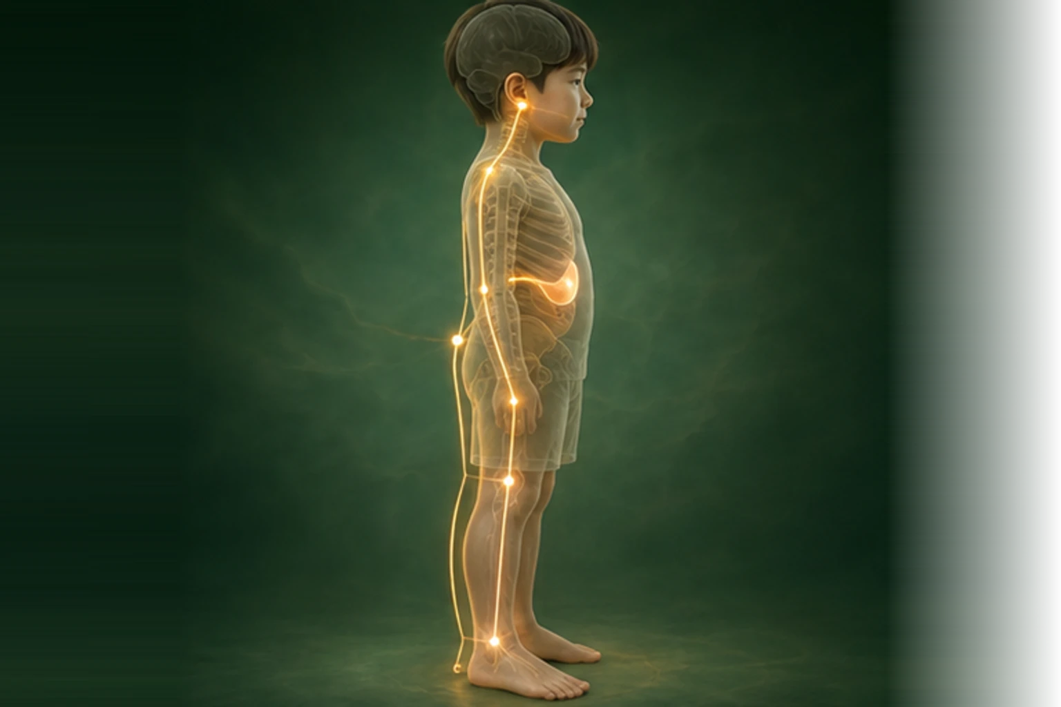 소아식욕부진 아이의 머리부터 발끝까지 온전한 인체 형태에서 구조의 흐름을 선명한 황금빛으로 보여 주는 담적병 골든셋 교육 이미지