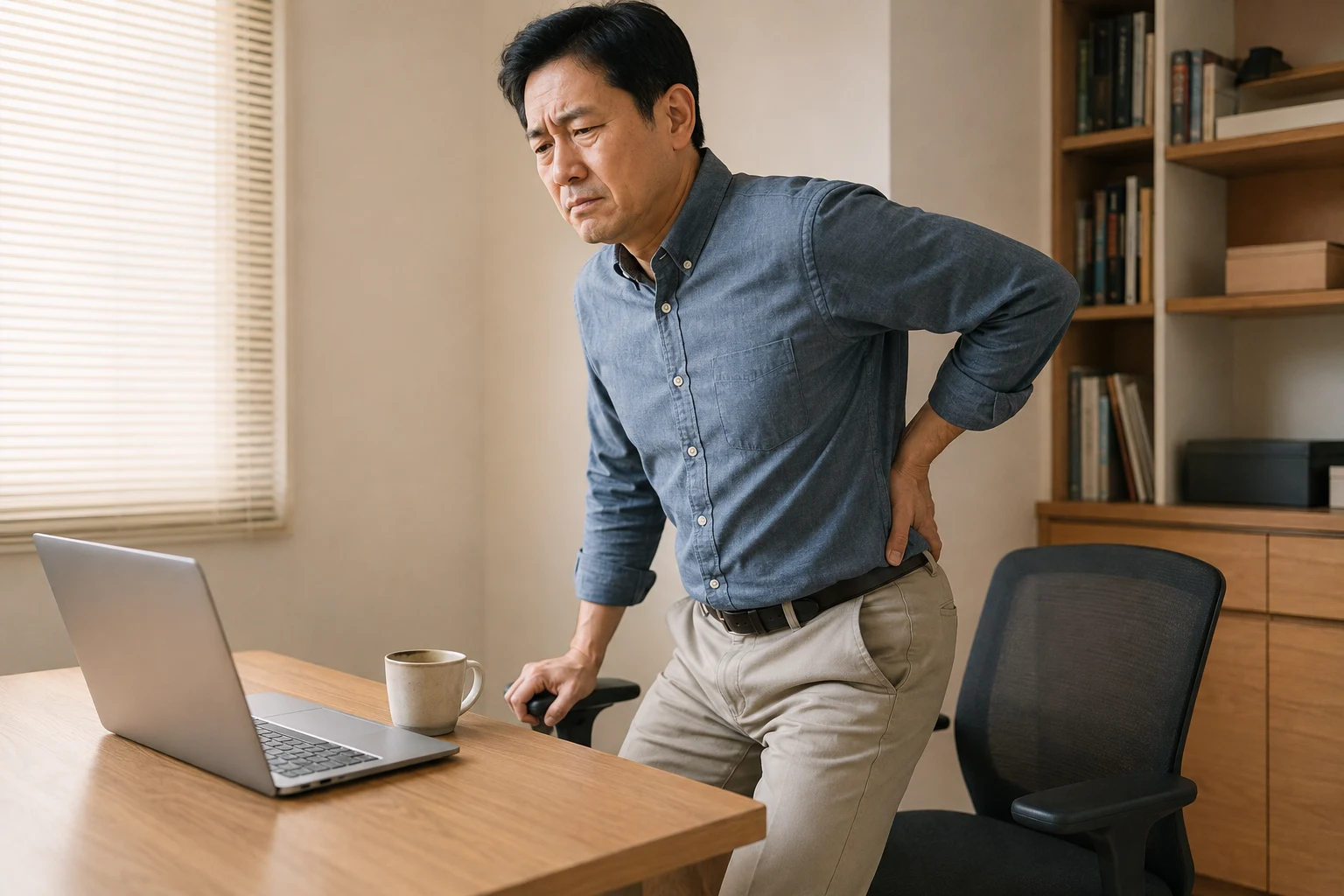 재택근무 중 의자에서 일어서다 멈춰 허리 아래쪽을 짚고 불편한 표정을 짓는 한국인 성인