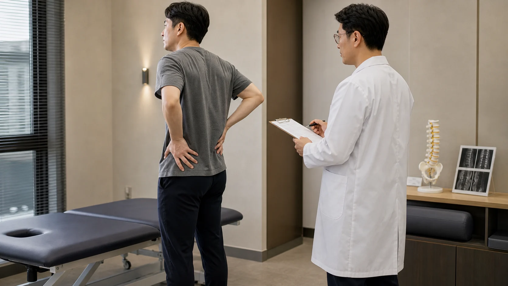 허리디스크 환자가 국내 한의원 진료실에서 허리 통증과 다리 저림을 상담하는 장면