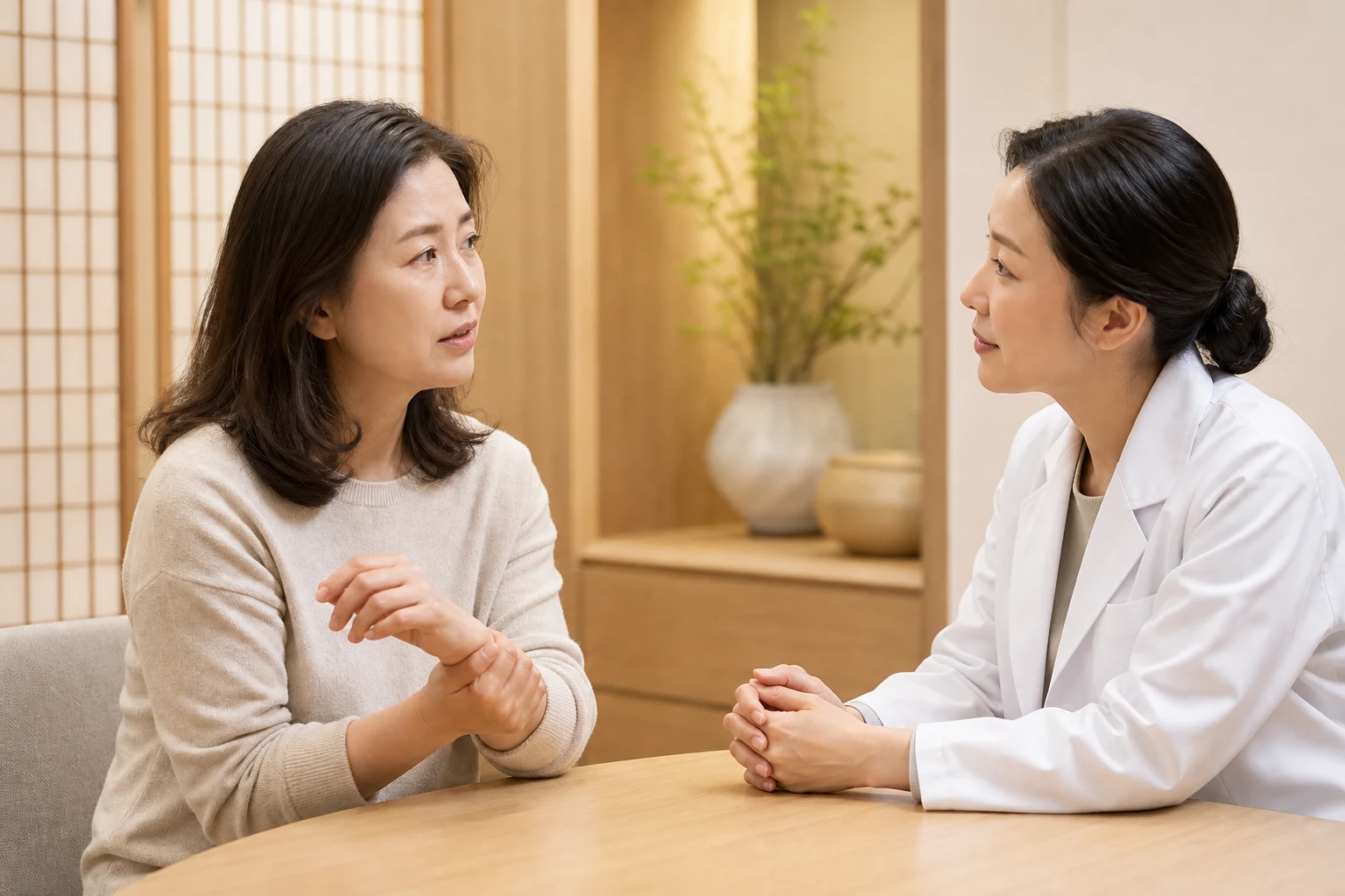 루푸스로 겪는 불편을 상담하는 환자와 의료진
