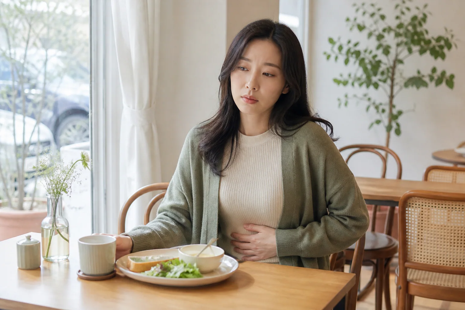 황체기 이상과 함께 이른 출혈 전 아랫배 불편과 피로가 겹친 한국인 여성 한 명이 카페에서 아침 식사를 멈춘 생활 장면