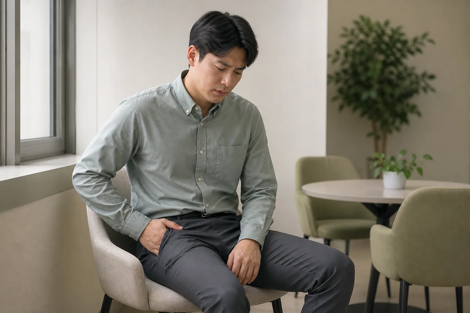 남성난임과 함께 오래 서 있을 때 서혜부 묵직함을 느끼는 한국인 남성 한 명이 업무를 멈추고 휴게공간에 앉은 생활 장면