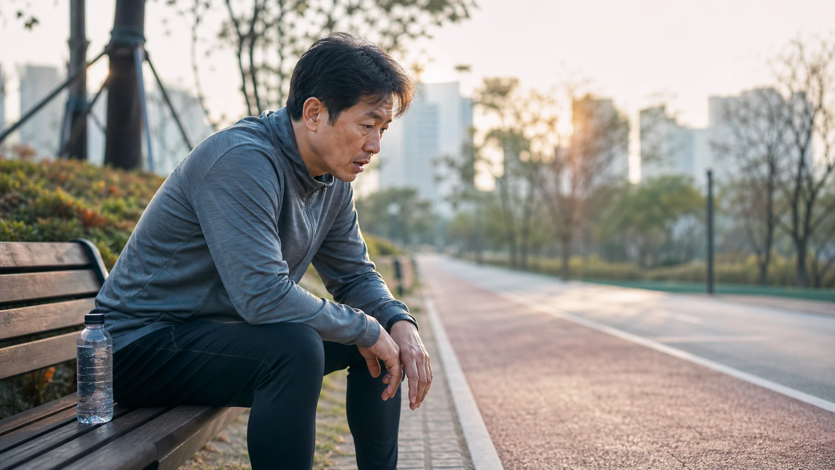 남성갱년기로 체력과 운동 회복이 떨어져 짧은 아침 달리기도 멈추고 벤치에 앉은 한 사람