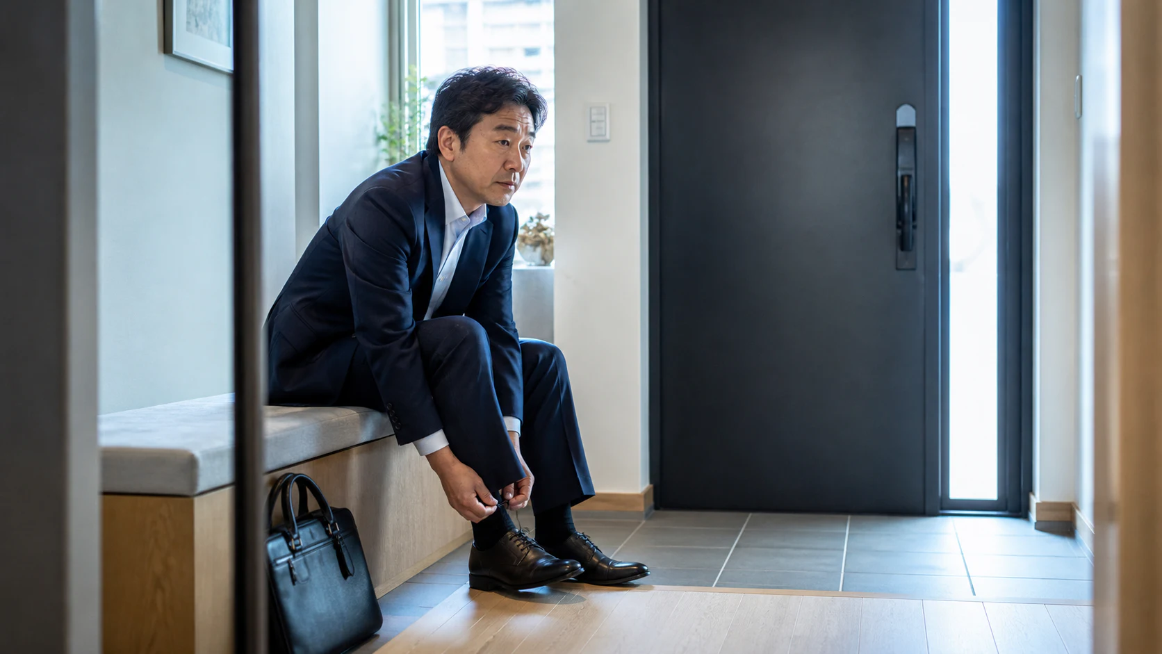 정장을 입은 남성이 가방 옆 현관 의자에 앉아 구두 끈을 만지는 모습