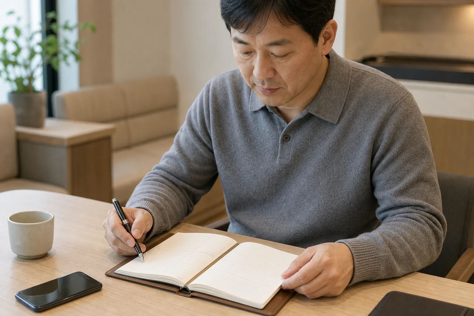 남성갱년기 상담 전 피로와 수면 변화를 기록하는 환자 장면