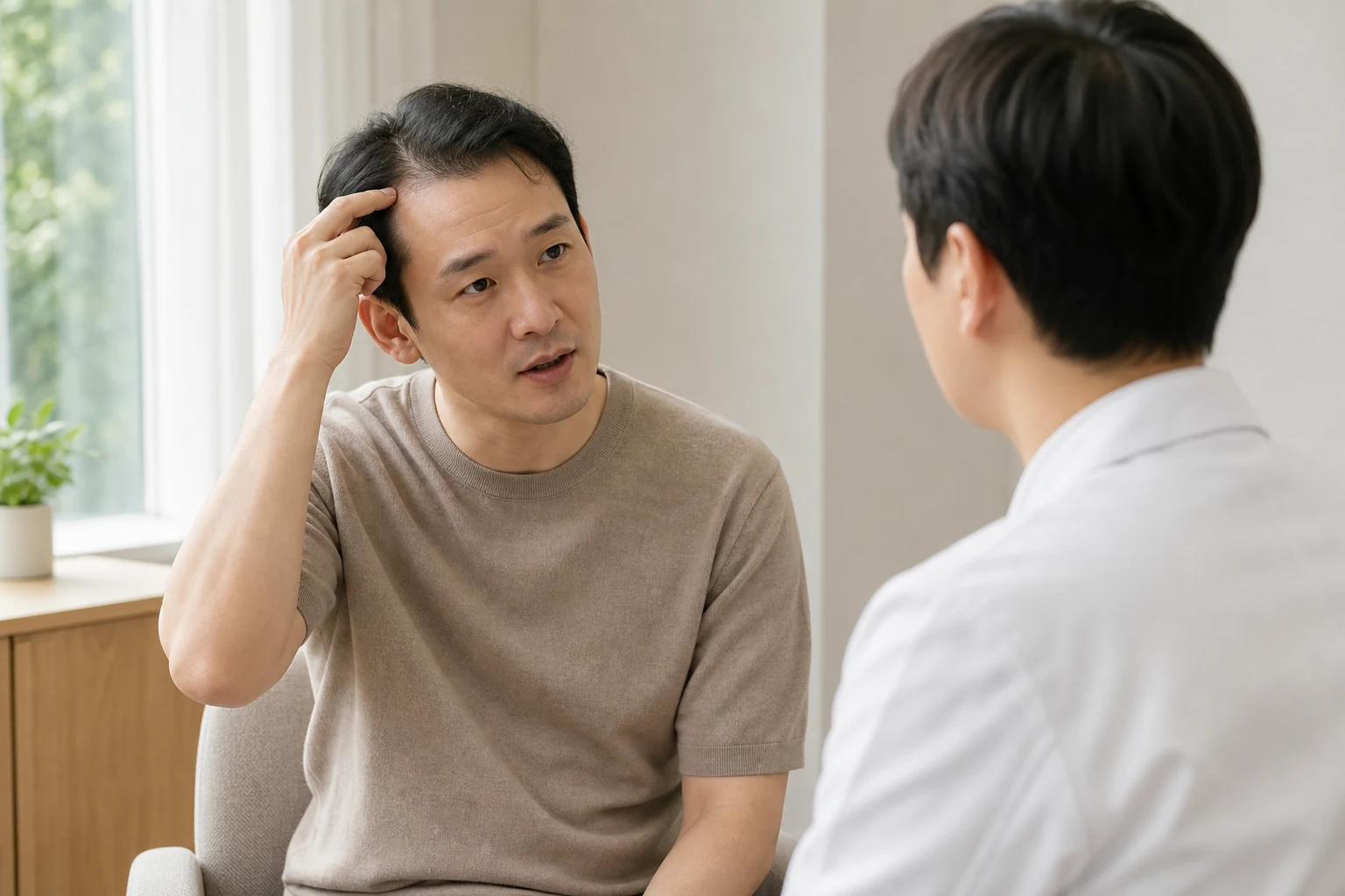 앞머리선을 짚으며 의료진에게 변화를 설명하는 남성