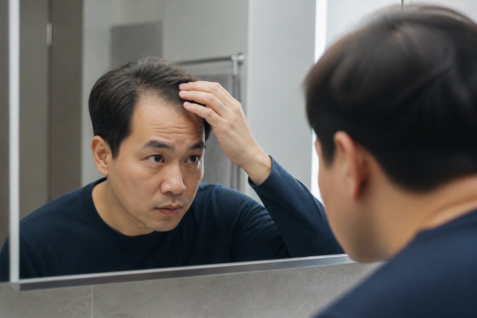 거울을 보며 손으로 앞머리를 들어 살피는 남성