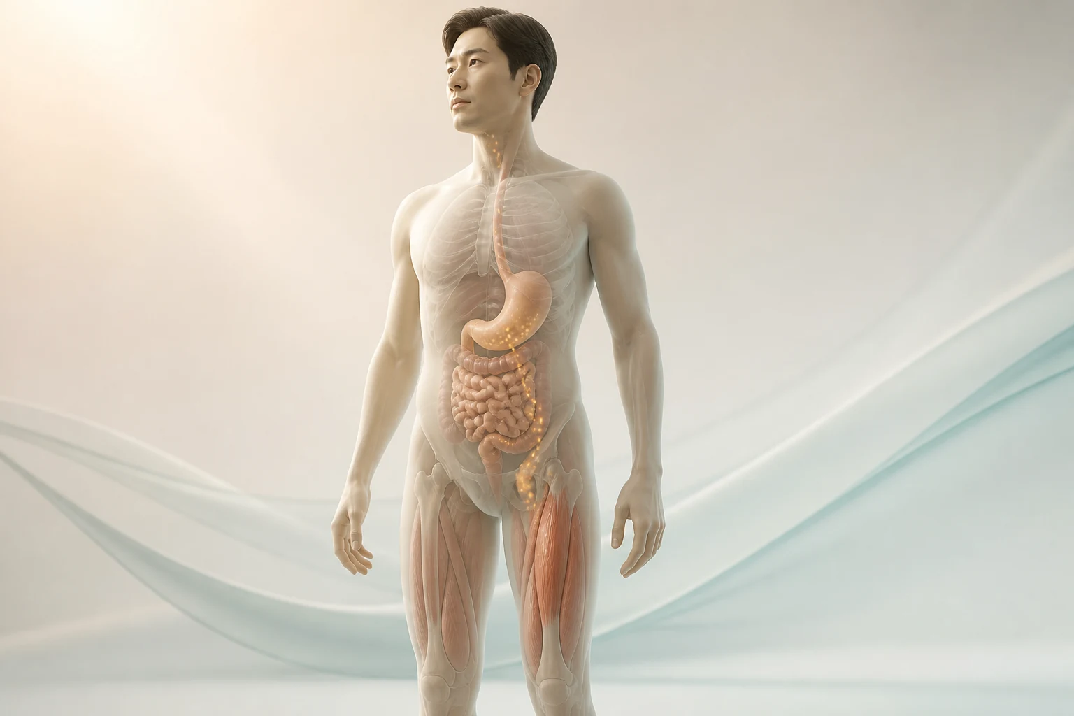 한 인체 안에서 위장관의 섭취·흡수 저하가 허벅지 근육량과 힘의 감소로 이어지는 영양실조 의학 기전 이미지