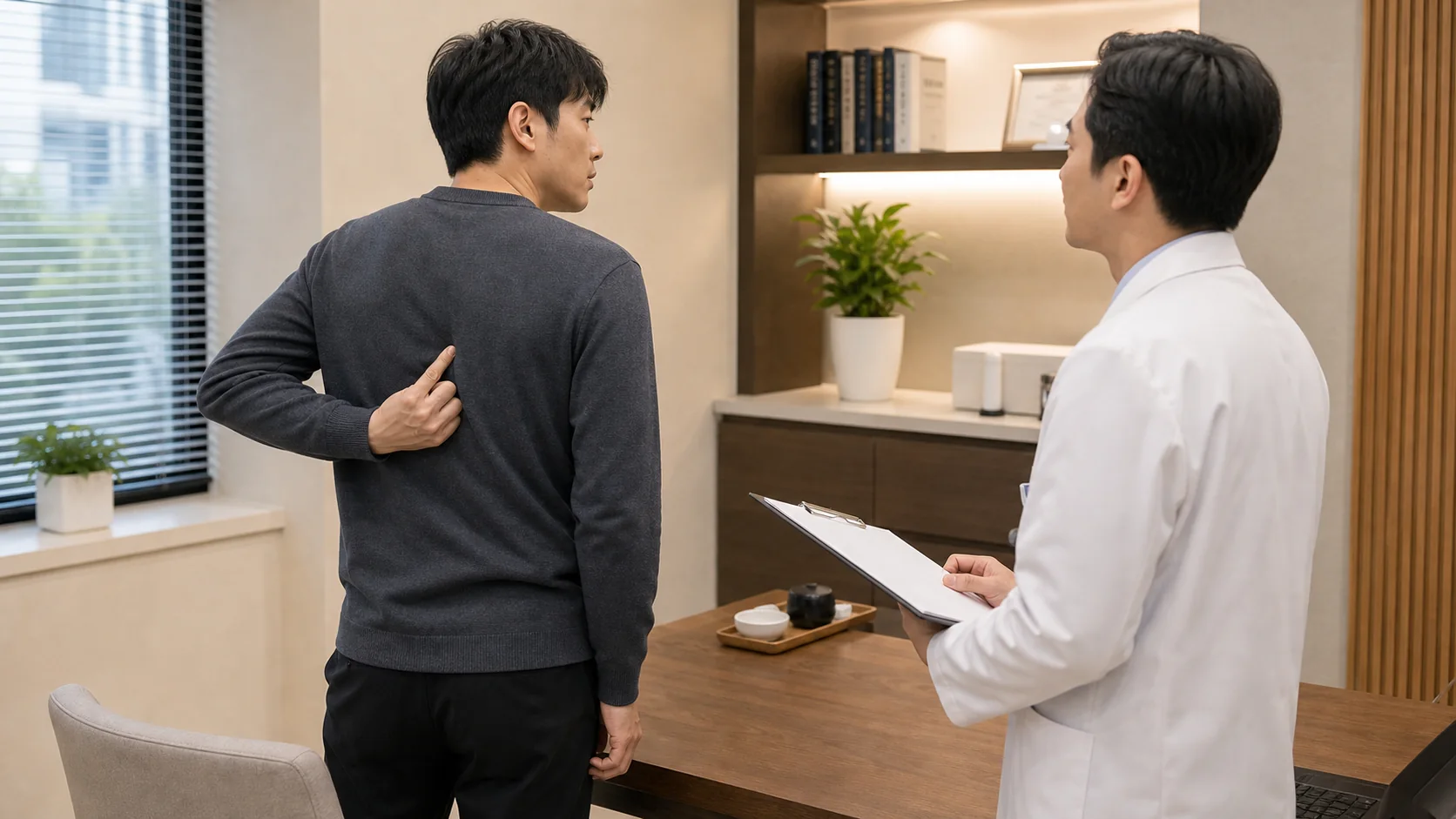 한국인 환자가 국내 한의원 상담실에서 날개뼈 안쪽 통증 위치를 손으로 짚어 설명하는 장면