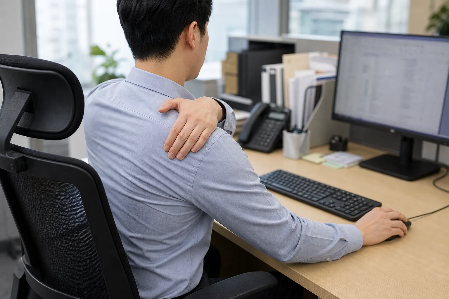 한국인 직장인이 컴퓨터 작업 중 날개뼈 안쪽 통증 위치를 손으로 짚는 업무 자세 장면