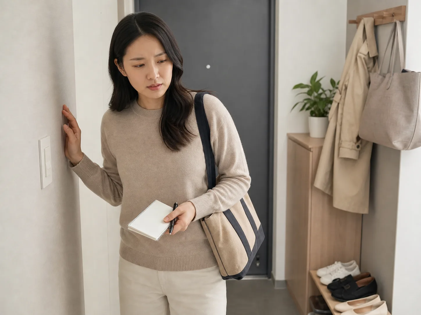 한국인 메니에르병 환자가 외출 전 현관에서 어지럼과 귀 먹먹함을 느끼며 빈 노트를 들고 멈춰 선 장면