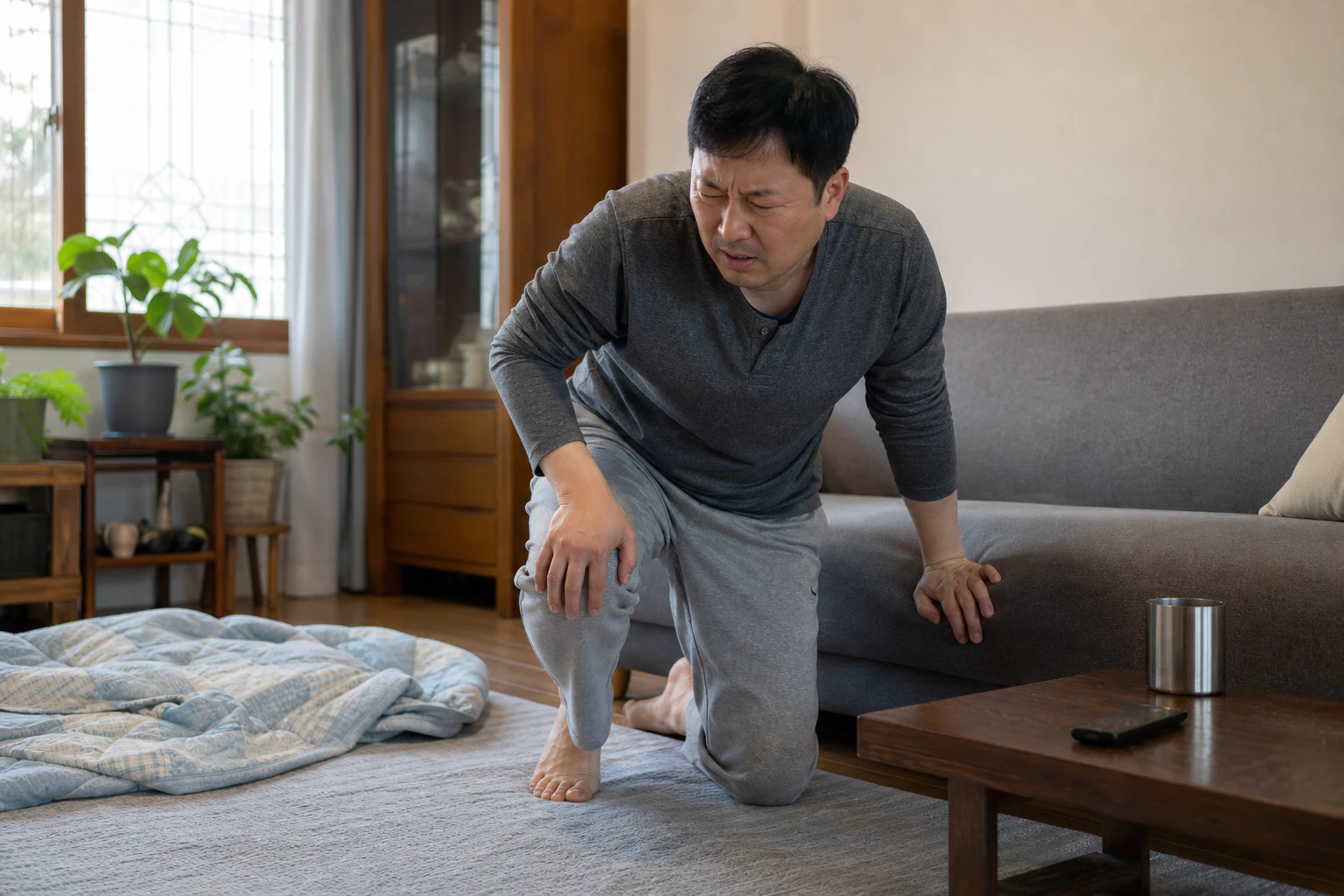 무릎이 걸리고 펴지지 않아 바닥 이불을 정리하다 일어서지 못하고 멈춘 한국인 남성 한 명의 장면