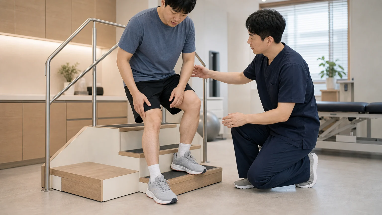 반월상연골손상 환자가 한의원에서 계단 동작과 무릎 통증을 확인하는 장면